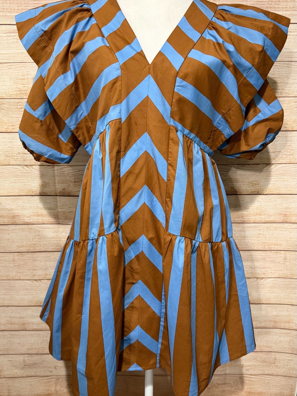 entro Brown and Sky Blue Striped V-Neck Top